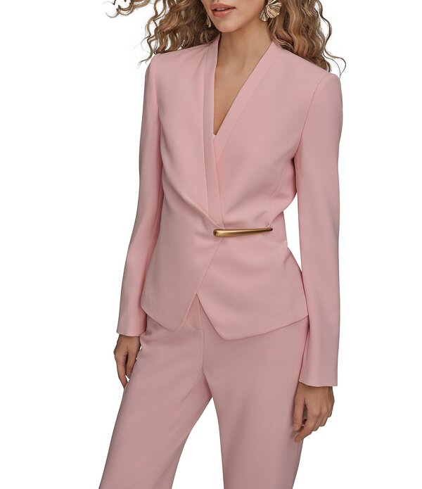 ダナキャラン レディース アウター コート Vネックレープ ジャケット Donna Karan Coordinating Crepe Surplice V-Neck Long Sleeve Gold Hardware Wrap Jacket Pink Sand ピンク
