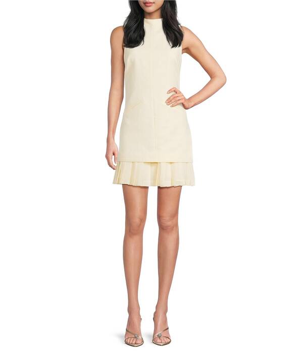 アントニオ メラーニ レディース トップス ワンピース シフォン プリーツ ミニ ノースリーブ リネン Antonio Melani Rowan Textured Linen Blend Woven Chiffon Pleated Mock Neckline Sleevelessheath Mini Dress Butter