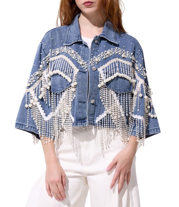 アザレア ワン レディース アウター コート デニム ジャケット Azalea Wang Adelynne Denim Pearl Point Collar Wide Sleeves Denim Crop Jacket Denim デニム