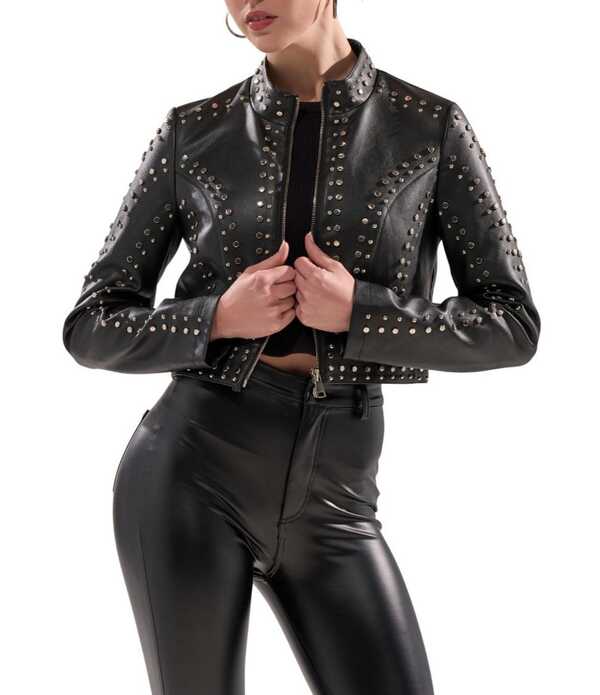 アザレア ワン レディース アウター コート ジャケット Azalea Wang Silvina Studded Stand Collar Fitted Moto Crop Jacket Black ブラック 22,578円