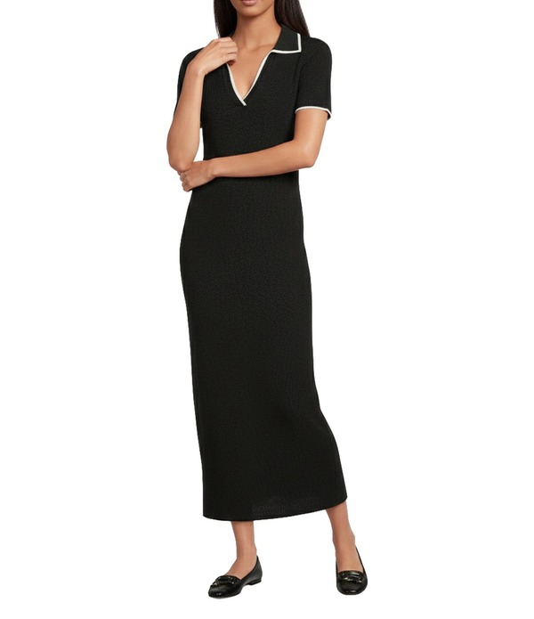 アントニオ メラーニ レディース トップス ワンピース Vネック リブ マキシ Antonio Melani Ribbed V-Neck Collar Short Sleeve Shift Maxi Dress Black ブラック