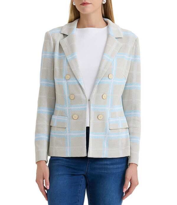 ミンウォン レディース アウター コート ブレザー ニット Ming Wang Plaid Knit Notch Lapelong Sleeve Blazer Limestone/Serene/White ホワイト