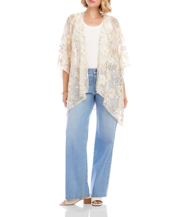 カレンケーン レディース アウター 厚地の外套 シフォン 御花柄 ジレー 刺しゅう 御花 Karen Kane Floral Embroidered Chiffon Open Front 3/4 Flared Sleeve Cardigan Off White/Gold 象牙色