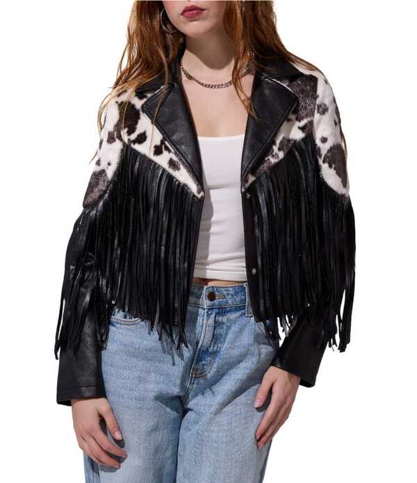 アザレア ワン レディース アウター コート プリント レザー フリンジ フェイクレザー ジャケット Azalea Wang Olandria Cow Print Western Fringe Trim Faux Leather Jacket Black ブラック