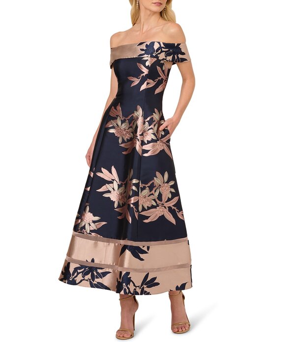 アドリアナ パペル レディース トップス ワンピース A ライン フラワー柄 キャップ フラワー Adrianna Papell Off-The-Shoulder Cap Sleeve Floral Jacquard A-Line Tea Length Dress Navy Blush ネイビー