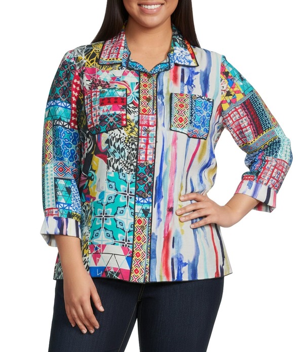 アリ マイルス レディース トップス シャツ プラスサイズ プリント Ali Miles Plusize Woven Abstract Print Point Collar 3/4 Cuff Sleeve Button-Frontunic Multi マルチカラー