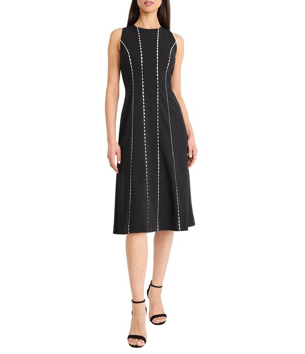 ドナモーガン レディース トップス ワンピース クレープ ミディ スキューバ ノースリーブ コントラスト Donna Morgan Scuba Crepe Contrast Seam Round Neck Sleevelessheath Midi Dress Black ブラック
