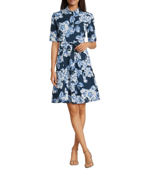 カルバンクライン レディース トップス ワンピース フラワー柄 プリント シャツ コットン フラワー Calvin Klein Floral Print Cotton Poplin Collared Neck Short Sleeve Belted Shirt Dress Indigo Multi インディゴ｜ReVida 店