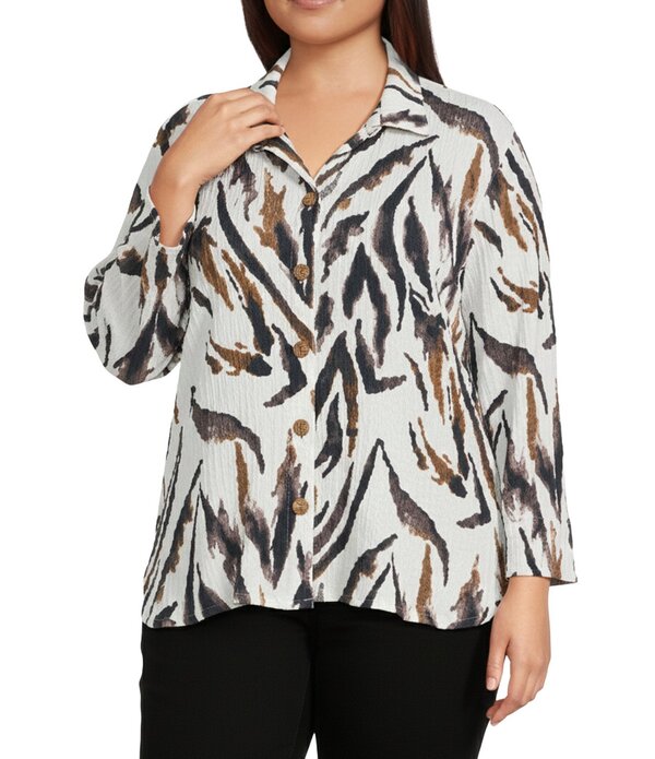 アリ マイルス レディース トップス シャツ プラスサイズ プリント ニット Ali Miles Plusize Textured Knit Zebra Print Point Collar 3/4 Sleeve Hi-Low Hem Button Frontunic Multi マルチカラー