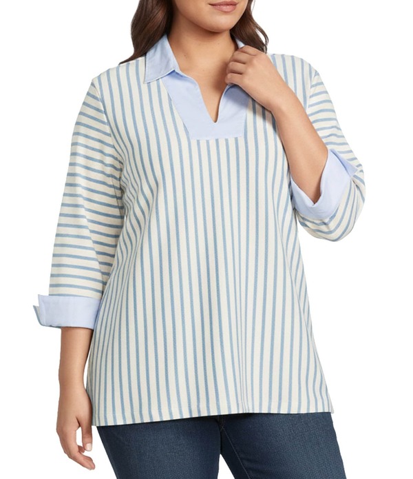 アリ マイルス レディース トップス カットソー Vネック プラスサイズ Ali Miles Plusize Yarn-Dyed Stripe Collared Split V-Neck Long Sleeve Tunic Stripe ストライプ