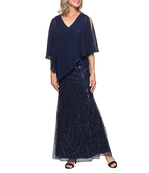 イグナイト レディース トップス 衣裳 シフォン オーバーレイ 旗がしら ケープ Ignitevenings Beaded Chiffon Capelet Overlay Gownavy 米国海軍 レディースファッション-ワンピース