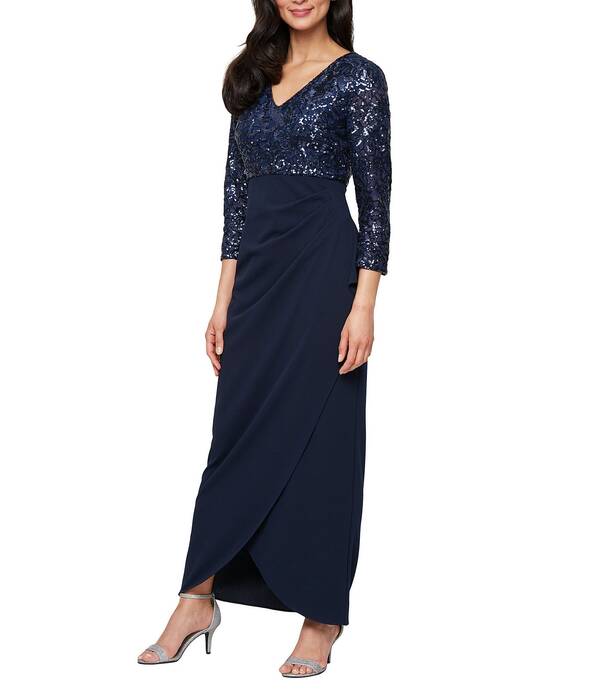 イグナイト レディース トップス ワンピース Vネックレープ スキューバ スパンコール エンパイア Igniteveningstretch Sequin V-Neck 3/4 Sleeve Scuba Crepe Cascadempire Waist Gownavy ネイビー