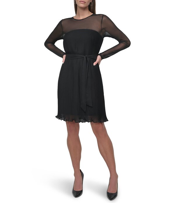 ダナキャラン レディース トップス ワンピース シフォン A ライン プチ プリーツ メッシュ DKNY by Donna Karan Petite Size Mesh Yoke Round Neck Long Sleeve Chiffon Pleated A-Line Dress Black ブラック 27,820円