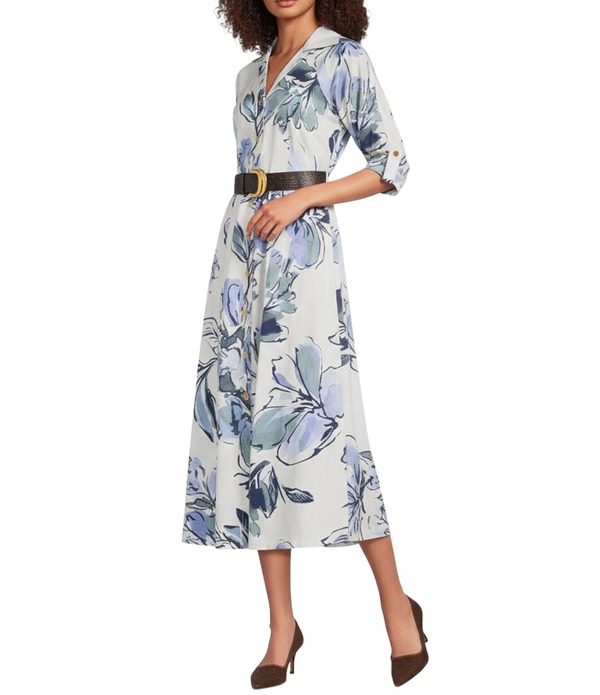 ダナキャラン レディース トップス ワンピース フラワー柄 プリント ミディ Tシャツ コットン フラワー Donna Karan Floral Print Cotton Sateen 3/4 Sleeve Belted Midi Shirt Dress Tempest ML 38,220円