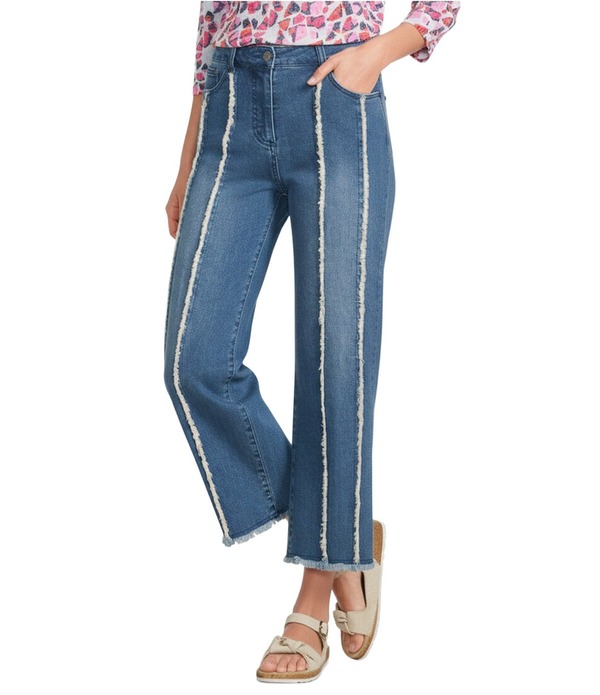 マルチプルズ レディース ボトムス デニムパンツ プチ ジーンズ フリンジ Multiples Petite Size 5-Pocket Fringed Seamed Solidenim Crop Jeans Medium Indigo インディゴ｜ReVida 店
