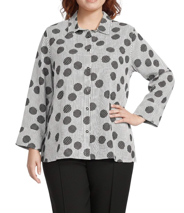 マルチプルズ レディース トップス シャツ プラスサイズ プリント Multiples Plusize Woven Black White Print Point Collar 3/4 Turn-Up Sleeve Button-Front Shirt Black/White Print ホワイト