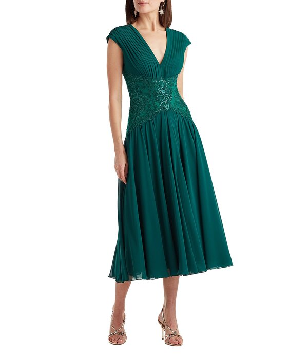 タダシショージ レディース トップス ワンピース Vネック シフォン レーストリム ミディ キャップ レース Tadashi Shoji Double V-Neck Cap Sleeve Lace Trim Chiffon Midi Dress Elm