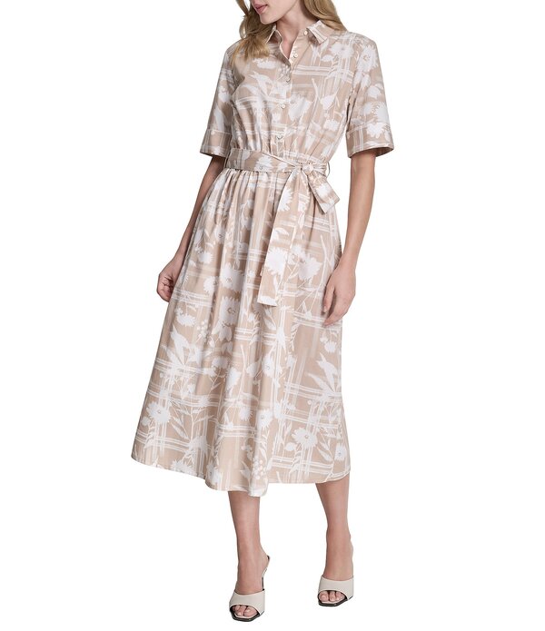 ダナキャラン レディース トップス ワンピース フラワー柄 プリント ミディ シャツ コットン フラワー DKNY by Donna Karan Floral Print Cotton Elbow Sleeve Belted Midi Shirt Dress Moonlight/Ivory アイボリー