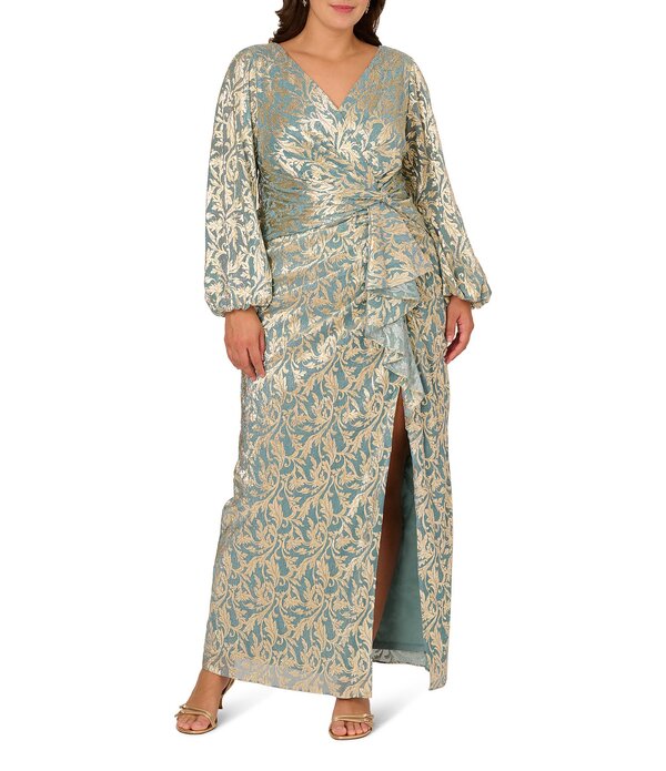 アドリアナ パペル レディース トップス ワンピース プラスサイズ プリント フリル トール ニット Adrianna Papell Plusize Metallic Foil Print Crinkle Knit Surplice Neck Long Sleeve Ruffle Gown Mint Gold ミント