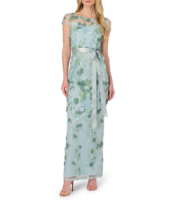 アドリアナ パペル レディース トップス ワンピース フラワー柄 刺繍 フラワー Adrianna Papell Floral Embroidered Illusion Boat Neck Short Sleeve Column Gown Sage セージ