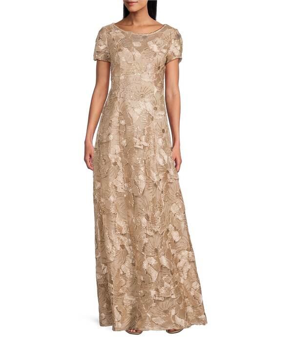 アレックスイブニングス レディース トップス ワンピース A ライン プチ レース Alex Evenings Petite Size Lace Scoop Neck Short Sleeve A-Line Gown Champagne シャンパン