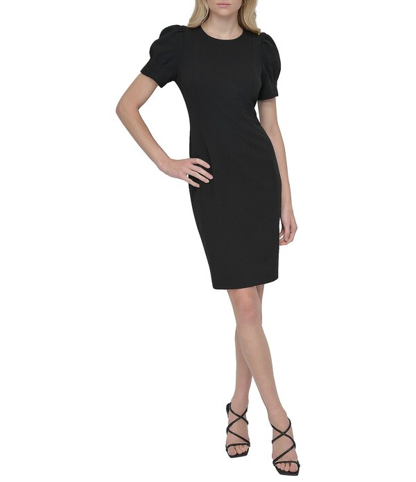 ダナキャラン レディース トップス 衣装 縮緬 アクアラング DKNY by Donna Karan Scuba Crepe Round Neck Short Puff Sleeve Sheath Dress Black 黒いこと