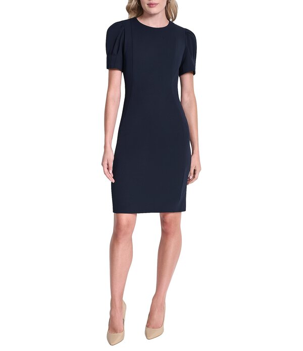ダナキャラン レディース トップス 衣装 縮緬 アクアラング DKNY by Donna Karan Scuba Crepe Round Neck Short Puff Sleeve Sheath Dress Navy 米国海軍