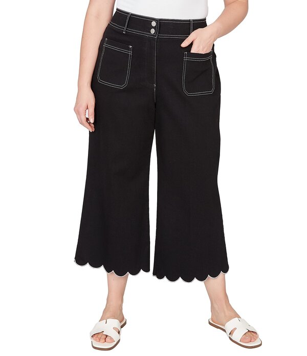 ルビーアールディー レディース ボトムス デニムパンツ プラスサイズ クロップド Ruby Rd. Plusize Stretch Denim Patch Pocket Scalloped Hem Cropped Pants Black ブラック｜ReVida 店