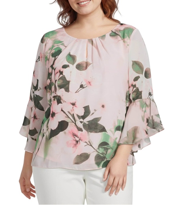 カスパール レディース トップス シャツ シフォン フラワー柄 プラスサイズ プリント ブラウス フラワー Kasper Plusize Floral Print 3/4 Flutter Sleeve Keyhole Neckline Chiffon Blouse Vanilla Ice Multi マルチカラー