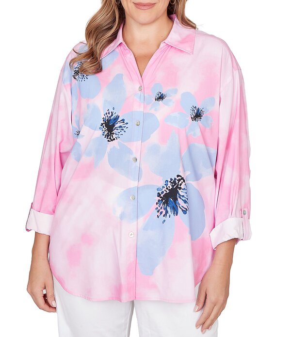 ルビーアールディー レディース トップス シャツ フラワー柄 プラスサイズ フラワー Ruby Rd. Plusize Poplin Woven Watercolor Floral Point Collar 3/4 Roll-Tab Sleeve Button Front Shirt Hydrangea Multi マルチカラー