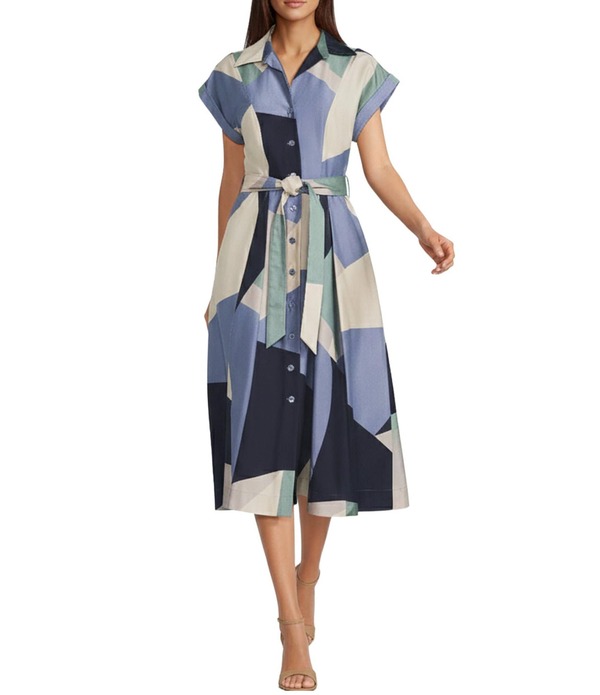 ダナキャラン レディース トップス ワンピース ミディ Tシャツ Donna Karan Cotten Sateen Short Sleeve Collar Neckline Belted Midi Shirt Dress Tempest Multi マルチカラー