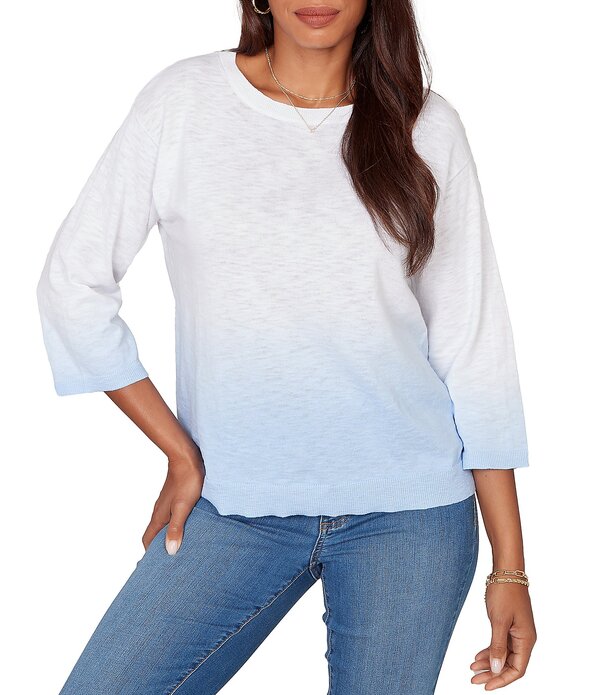 ルビーアールディー レディース アウター ニット・セーター クルーネック プチ リブ Ruby Rd. Petite Size Fine-Gauge Knit Ombre Wash Ribbed Crew Neck 3/4 Sleeve Sweater Top Light Blue ブルー
