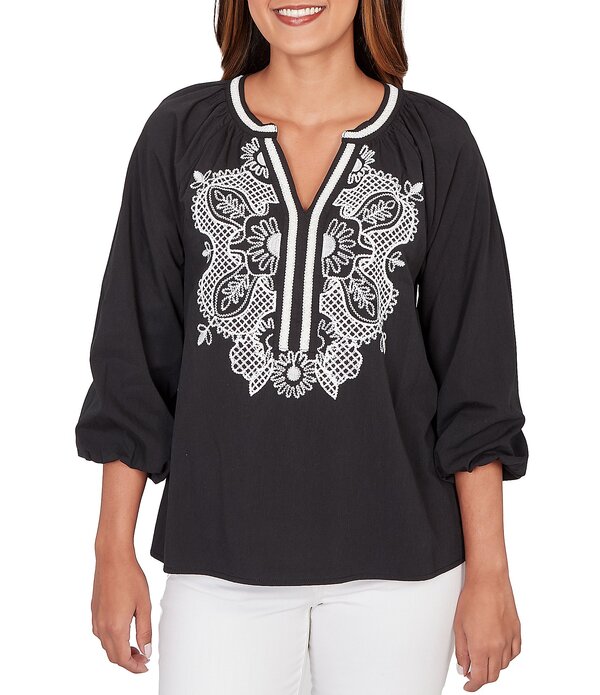 ルビーアールディー レディース トップス シャツ Vネック プチ 刺繍 Ruby Rd. Petite Size Soft Woven Embroidered Split V-Neck 3/4 Sleeve Top Black ブラック