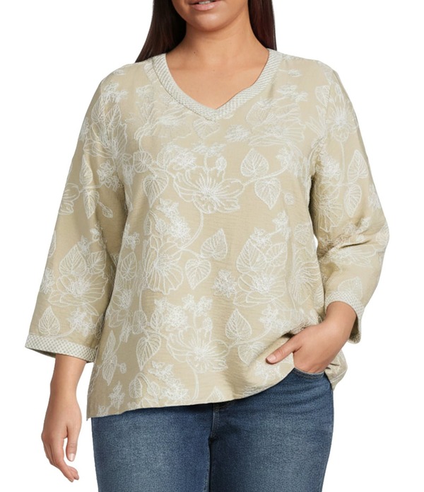 アリ マイルス レディース トップス シャツ Vネック フラワー柄 プラスサイズ 刺繍 フラワー Ali Miles Plusize All Over Floral Embroidered V-Neck 3/4 Sleeve Tunic Taupe トープ｜ReVida 店