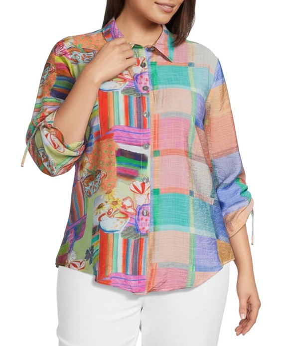 アリ マイルス レディース トップス シャツ プラスサイズ プリント Ali Miles Plusize Woven Square Multi Print Point Collar 3/4 Sleeve Tie-Front Hem Tunic Square Multi マルチカラー｜ReVida 店