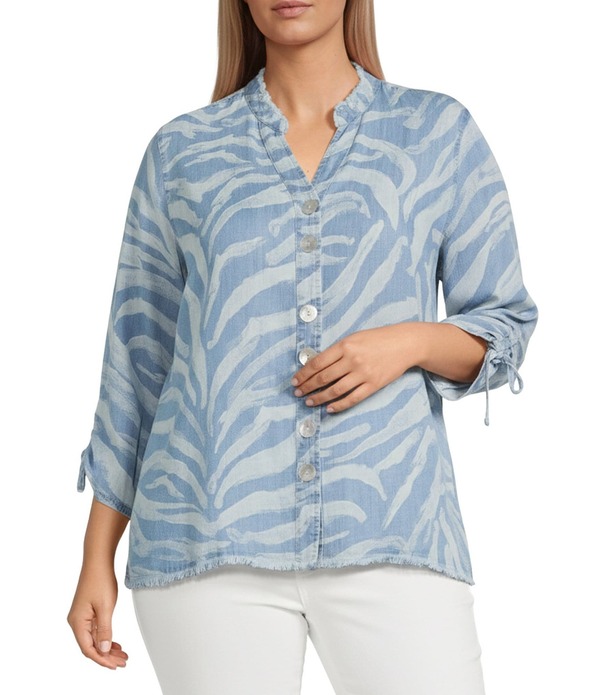 アリ マイルス レディース トップス シャツ プラスサイズ Ali Miles Plusize Lyocell Multi Linestand Collar 3/4 Cinched Sleeve Button-Frontunic Line Multi マルチカラー|ReVida 店