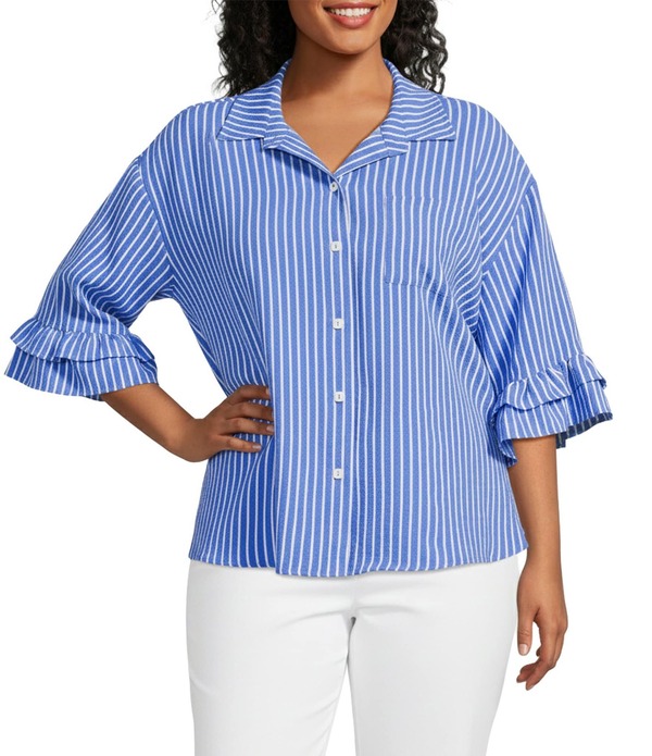 アリ マイルス レディース トップス シャツ プラスサイズ フリル Ali Miles Plusize Woven Stripe Point Collar Elbow Ruffle Sleeve Button Frontunic Blue Stripe ブルー