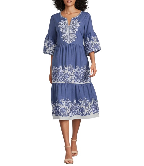 ジョン 目じるし レディース トップス 衣装 V素っ首 A 伝達ルート 御花柄 midi 刺しゅう 御花 John Mark Floral Embroidered Split V-Neck 3/4 Bubble Sleeve A-Line Tired Midi Dress Indigo インディゴ