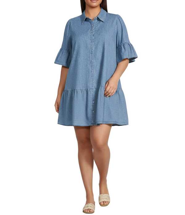 シュガーリップス レディース トップス ワンピース プラスサイズ ミニ Sugarlips Plusize Haysville Collar Neck Short Sleeve Button Up Chambray Mini Dress Light Denim デニム