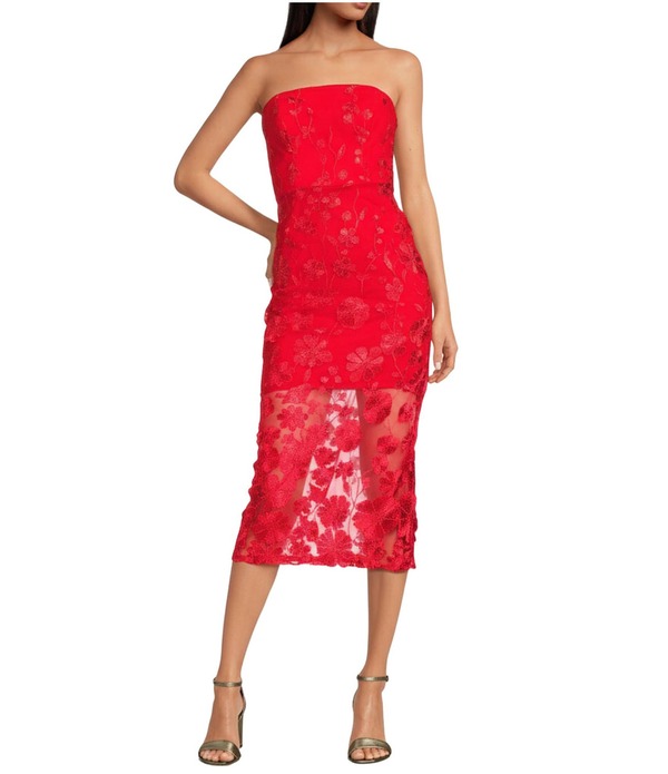 サムエデルマン レディース トップス ワンピース フラワー柄 ミディ ストラップレス レース フラワー Sam Edelman Lace Woven Strapless 3D Floral Applique Sheath Midi Dress Red レッド｜ReVida 店