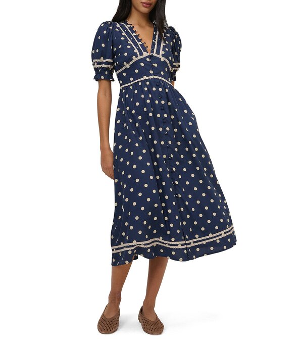 ノーバディーズ チャイルド レディース トップス ワンピース ドット柄 Vネック ドット ミディ Nobody's Child Saffy Woven Polka Dot V-Neck Short Puff Sleeve Midi Dress Navy ネイビー