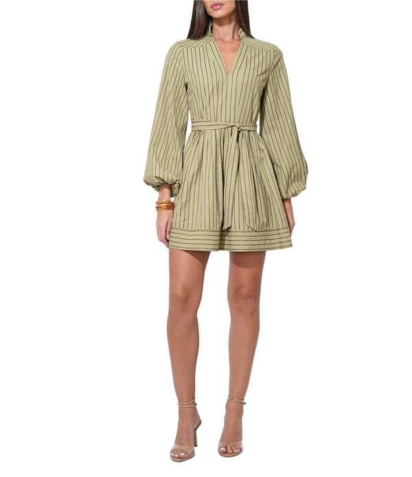 アドレイン ラエ レディース トップス ワンピース Vネック バルーンスリーブ ミニ Adelyn Rae Marnie Stripe V-Neck Long Balloon Sleeve Woven Mini Dress Olive オリーブ|ReVida 店