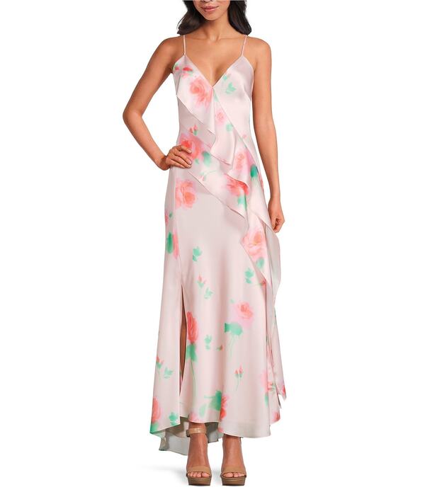 ジャンビニ レディース トップス ワンピース Vネック ドレープ フリル サテン ノースリーブ マキシ Gianni Bini Quinn Satin Ruffle Draped V-Neck Sleeveless Maxi Dress Rosette｜ReVida 店