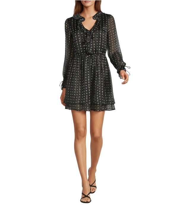 ビーシビージー レディース トップス 衣装 Vのど首 フラウンス ミニ BCBG Ruffle V Neck Long Sleeve Dotted Mini Dress Black/Linen 黒いこと ワンピース-レディースファッション