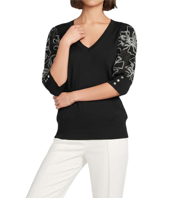 カール ラガーフェルド レディース アウター ニット・セーター Vネック フラワー柄 プリント フラワー KARLAGERFELD PARIS Floral Print V-Neck Short Sleeve Top Black ブラック