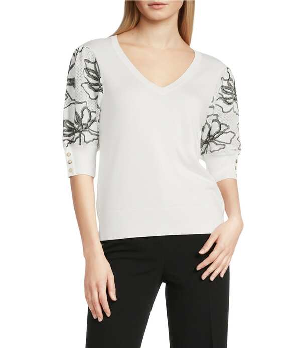 カール ラガーフェルド レディース アウター ニット・セーター Vネック フラワー柄 プリント フラワー KARLAGERFELD PARIS Floral Print V-Neck Short Sleeve Top Soft White ホワイト