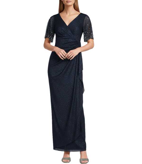 アレックスイブニングス レディース トップス ワンピース Vネック メッシュ Alex Evenings Glitter Mesh V-Neck Embellished Short Flutter Sleeve Sheath Dress Dark Navy ネイビー