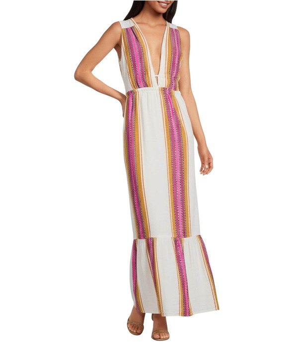 エラン レディース トップス ワンピース フリル裾 Vネック フリル ノースリーブ マキシ ELAN Stripe Deep V-Neck Sleeveless Tie Back Ruffle Hemaxi Dress Natural Pink ピンク｜ReVida 店