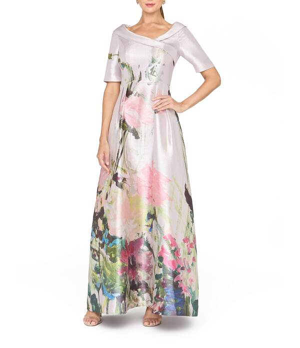 ケイ アンジャー レディース トップス ワンピース フラワー柄 トール フラワー Kay Unger Coco Metallic Mikado Elbow Sleeve Floral Gown Lilac Mist ライラック