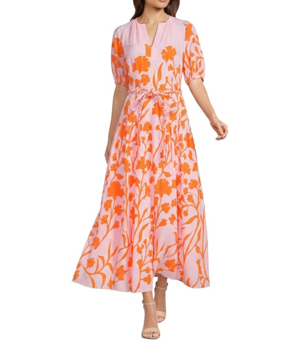 アレックスマリー レディース トップス ワンピース Vネック プチ プリント コットン Alex Marie Petite Size Paulina V-Neck Short Sleeve Printed Cotton Voile Dress Pink Zest ピンク